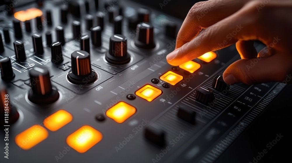 Dj hand pressing glowing loop button at a nightclub closeup shot electronic music environment dynamic viewpoint Dj hand pressing glowing loop button at a nightclub closeup shot electronic music environment dynamic viewpoint