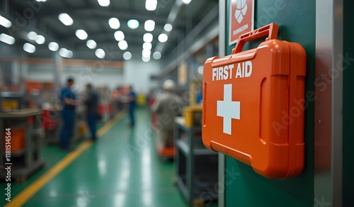 Orange first aid kit mounted on wall in busy factory floor