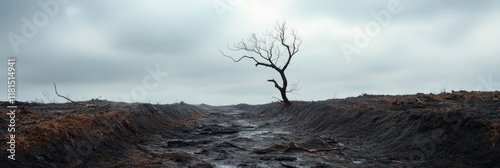 Barren landscape with lone tree under overcast sky