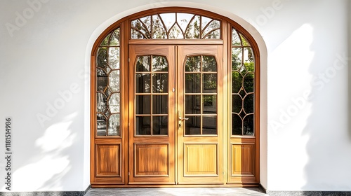 A wooden French door with intricate glasswork and a bright white background.