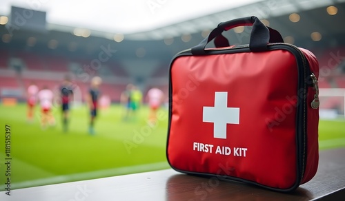 Red first aid kit on table at soccer stadium