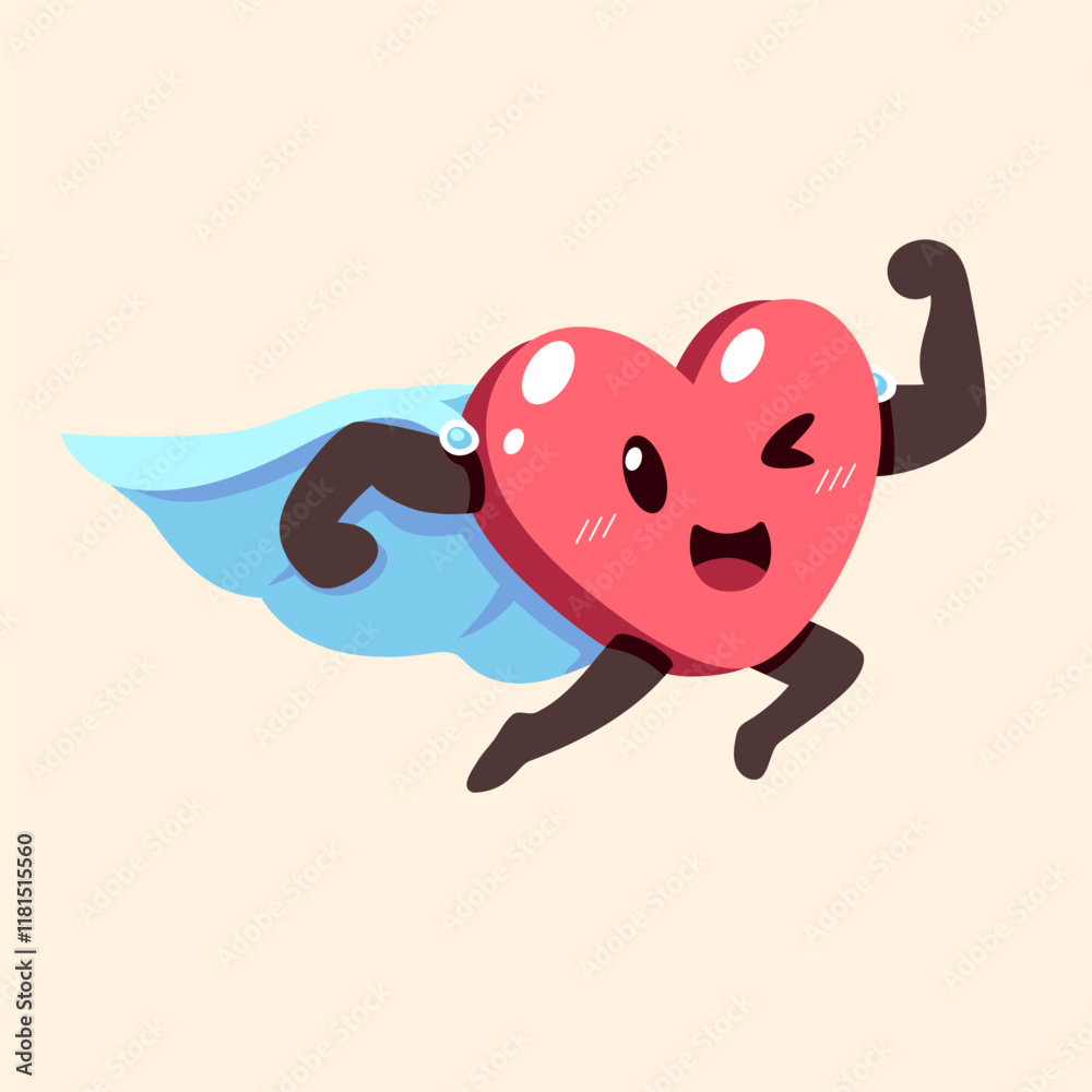 Obraz premium Vector cartoon healthy heart character with superhero cape for design.