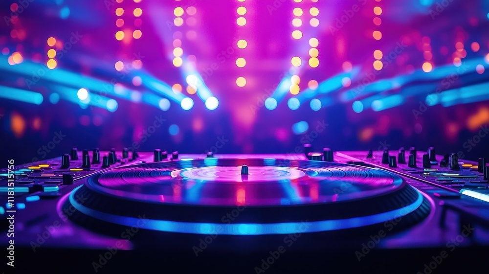 Vibrant laser reflections on vinyl record in dj booth nightclub closeup photography colorful lighting artistic perspective