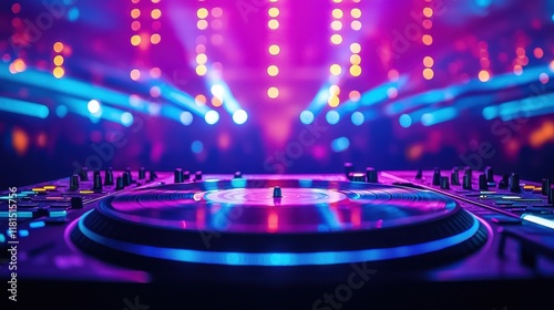 Obraz na płótnie Vibrant laser reflections on vinyl record in dj booth nightclub closeup photography colorful lighting artistic perspective w salonie