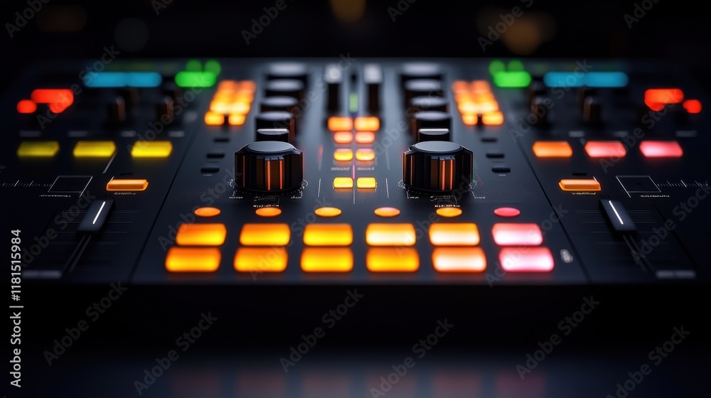 Dynamic dj controller showcase nightclub setting close-up focus vibrant led environment top-down perspective electrifying music experience Dynamic dj controller showcase nightclub setting close-up focus vibrant led environment top-down perspective electrifying music experience
