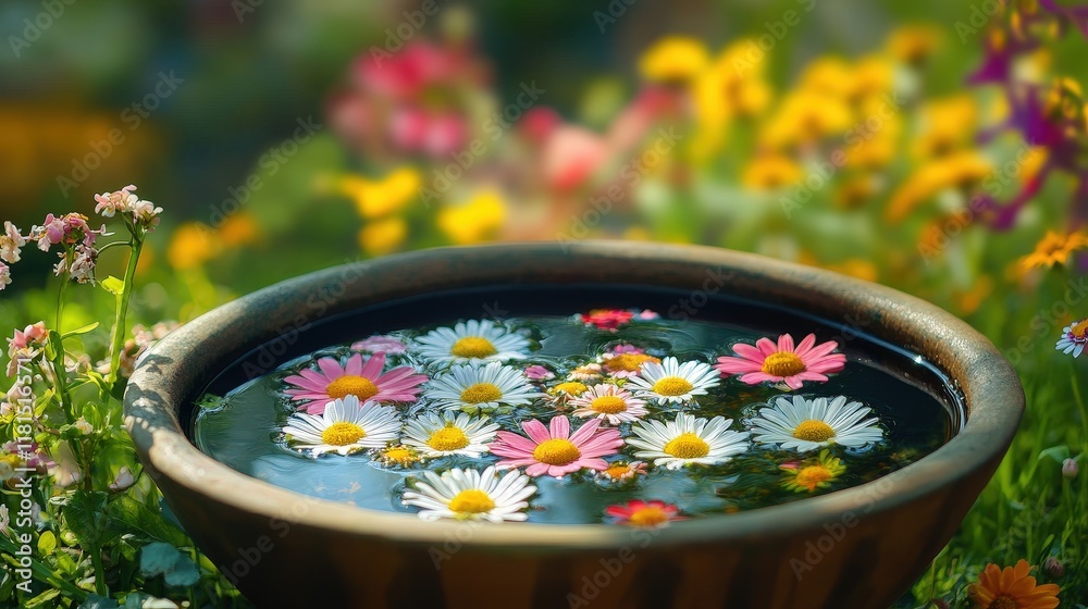 a bowl filled with water and floating flowers. beautiful atmosphere. a bowl filled with water and floating flowers. beautiful atmosphere.