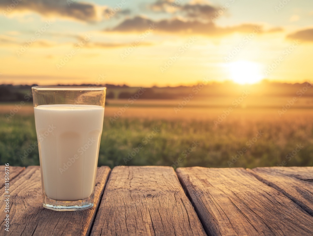 Milk Glass on Rustic Table with Sunset Background Milk Glass on Rustic Table with Sunset Background