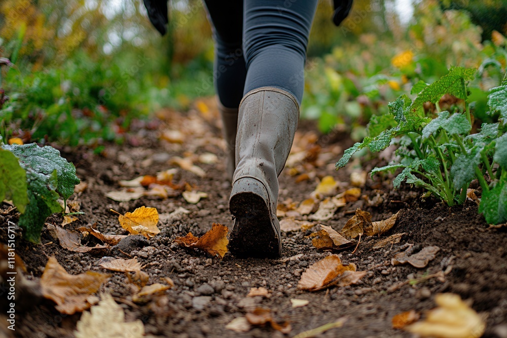 Fototapeta premium Walking Through a Garden Path Covered with Leaves