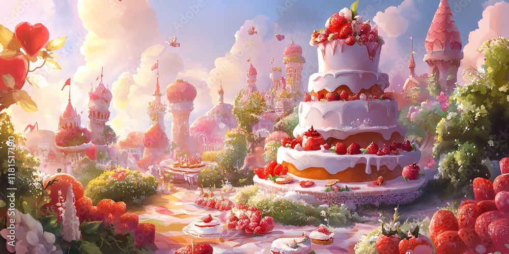 Naklejka premium Whimsical fairytale landscape with giant cake, pastel castles, and candy floss trees. Perfect for fantasy, wedding, or children's themes.