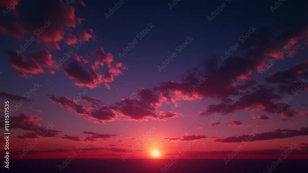 広角レンズが捉える赤とオレンジの夕焼け空と薄い雲が漂う穏やかな風景 広角レンズが捉える赤とオレンジの夕焼け空と薄い雲が漂う穏やかな風景