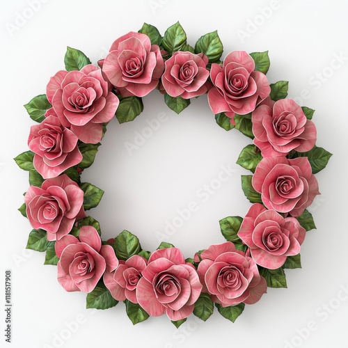 Romantic Floral Wreath with Pink Roses and Green Leaves on a Light Background for Home Decor and Celebrations