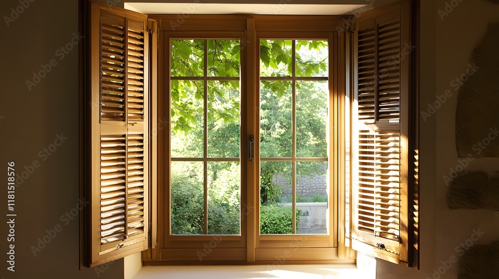 A large wooden window with open shutters, letting in soft natural light. A large wooden window with open shutters, letting in soft natural light.