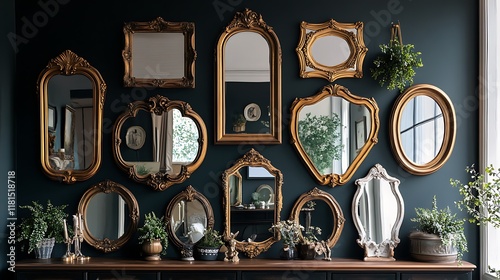 Collection of goldframed mirrors in various shapes styled on a dark accent wall for a luxurious and dramatic effect photo