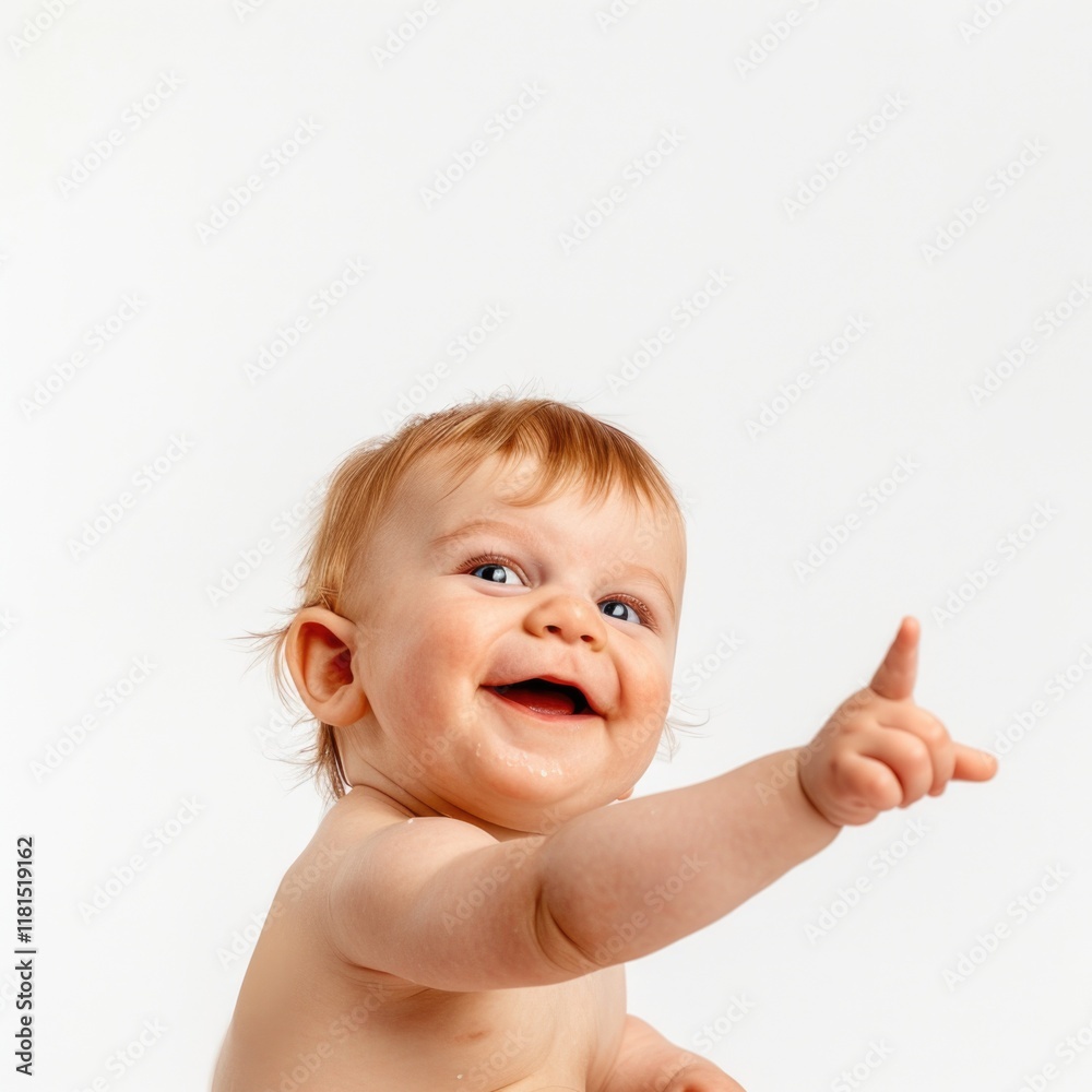Lovey baby pointing to choose and press white background Lovey baby pointing to choose and press white background