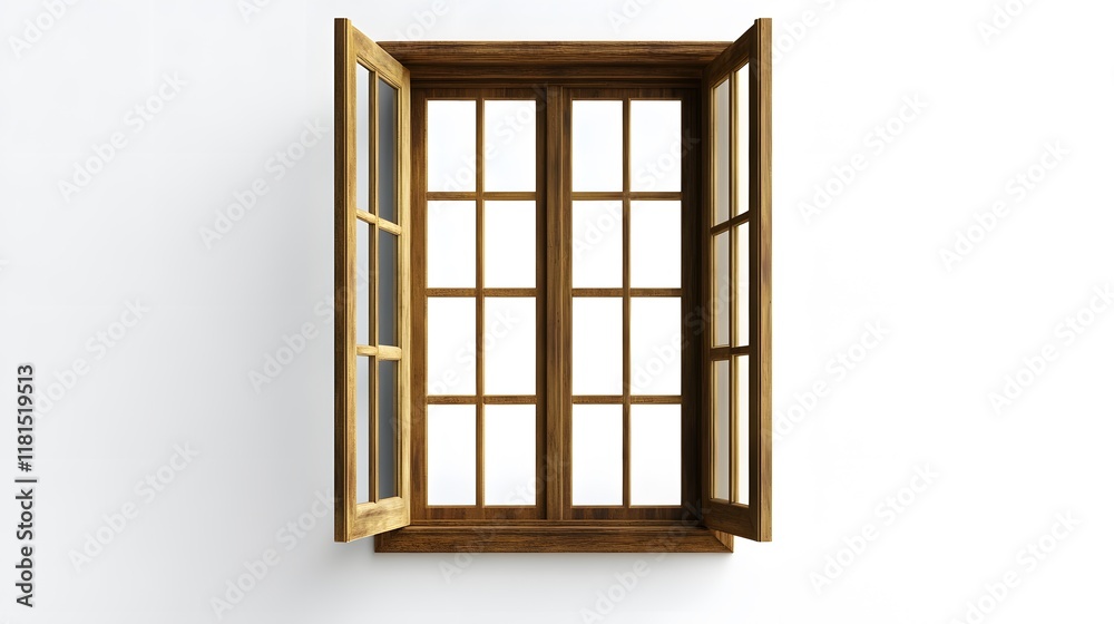 Obraz premium A narrow French window with a detailed wooden frame, opening to the outside on a white background.
