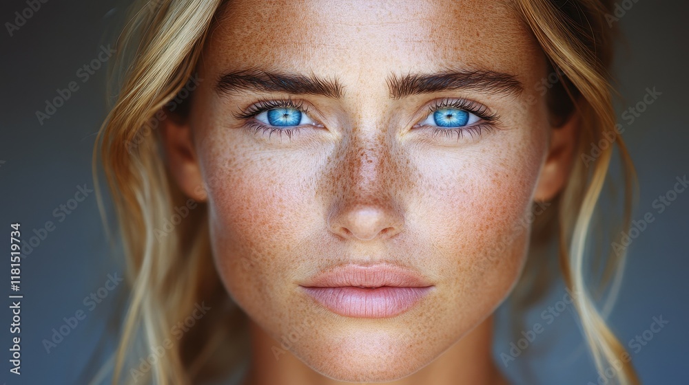 Fototapeta premium A woman with blue eyes and a light skin tone. She has a slight freckle on her nose