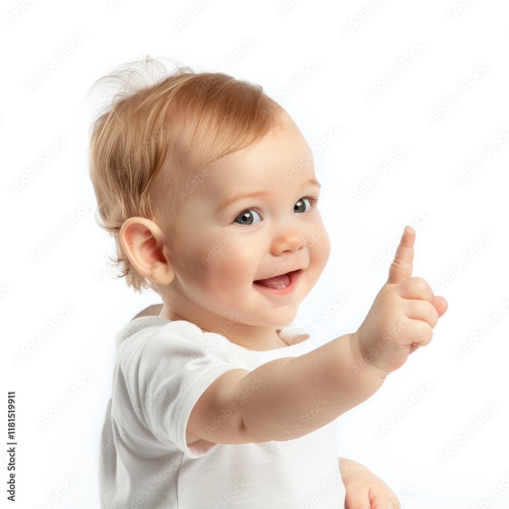 Lovey baby pointing to choose and press white background Lovey baby pointing to choose and press white background
