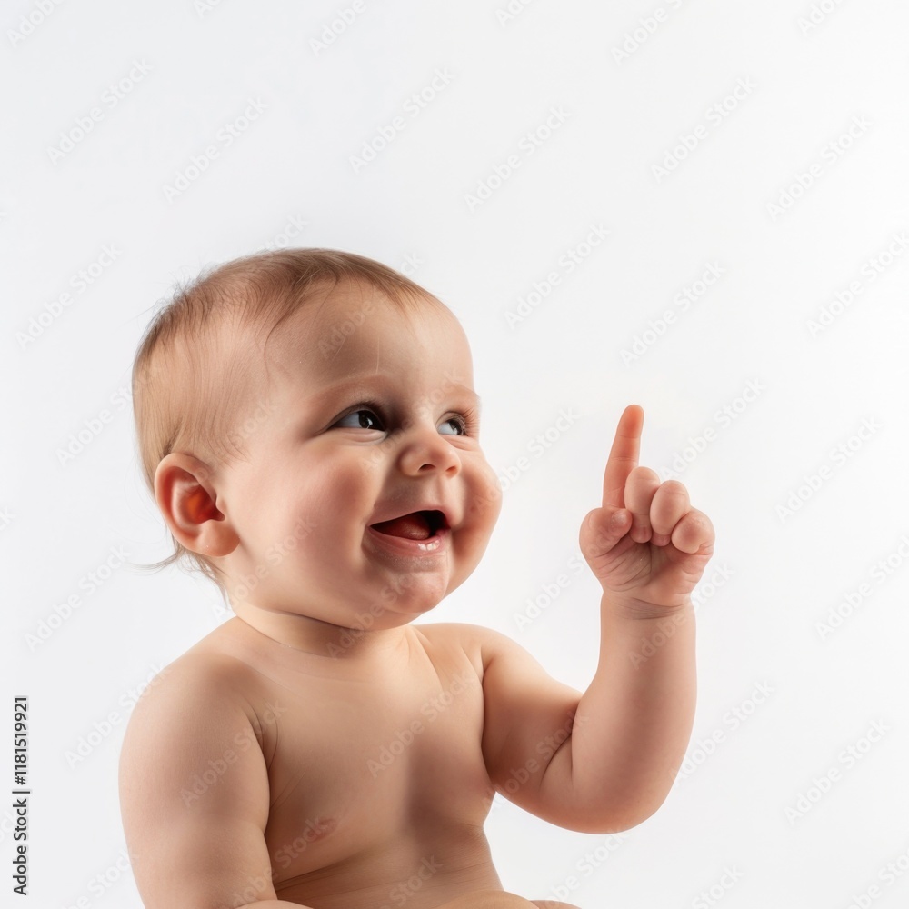 Lovey baby pointing to choose and press white background Lovey baby pointing to choose and press white background