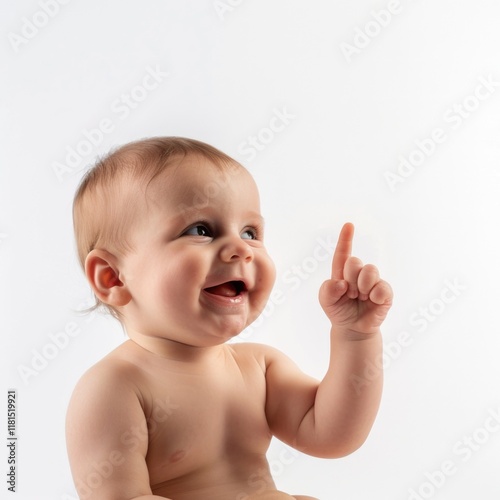 Lovey baby pointing to choose and press white background