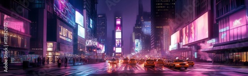 Times square at night with neon lights and yellow taxis in rainy weather photo