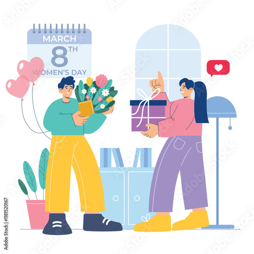 Women’s Day celebration illustration featuring festive selfies and vibrant creativity.