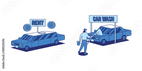 Lined isometric car rental and cleaning