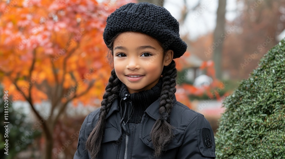 A young girl with black hair and a black hat is smiling. She is wearing a black jacket and a black hat A young girl with black hair and a black hat is smiling. She is wearing a black jacket and a black hat