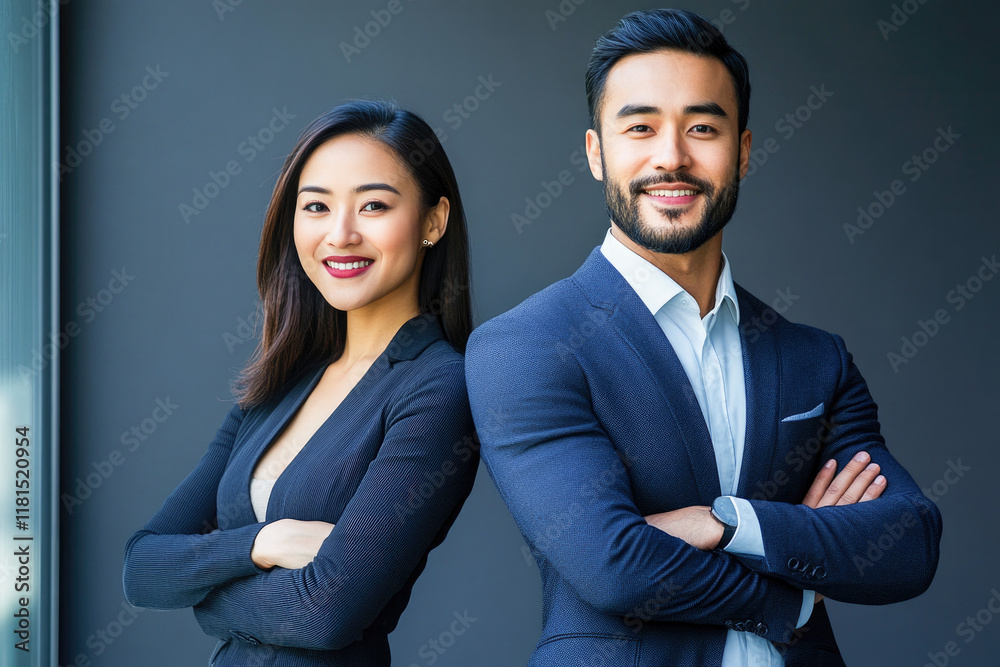 Confident business duo in professional attire with arms crossed, symbolizing teamwork, leadership, and corporate success. Confident business duo in professional attire with arms crossed, symbolizing teamwork, leadership, and corporate success.