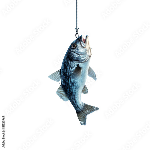 A lone fish hangs suspended a dramatic catch on a dark background showcasing its silvery scales and open mouth