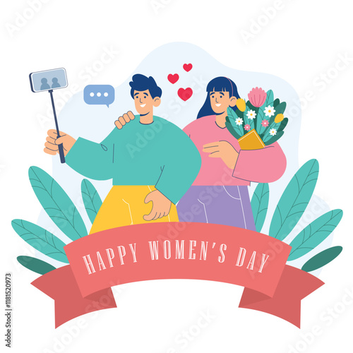 Women’s Day online shopping sale illustration, promoting digital discounts and purchases.