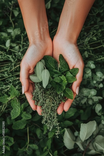 Close-up of a woman's hands holding medicinal herbs.