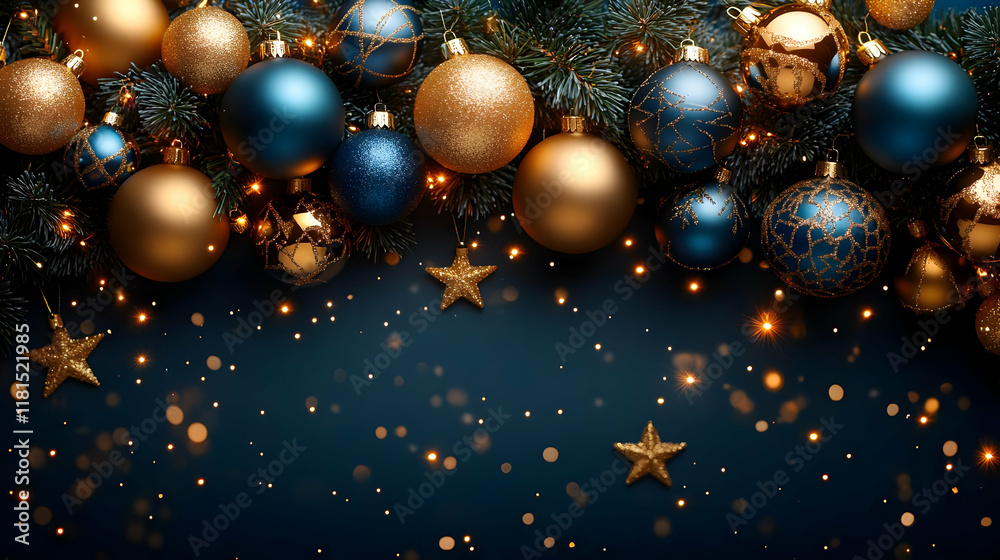 Gold & Blue Ornaments with Stars & String Lights Gold & Blue Ornaments with Stars & String Lights