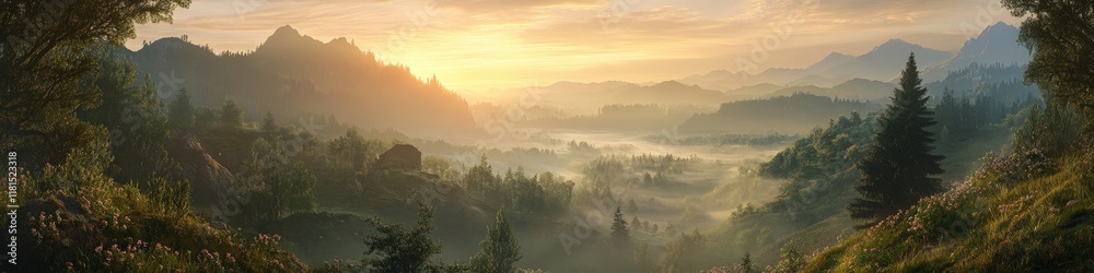 Fototapeta premium Spring mountains and forest and fog. Beautiful nature.