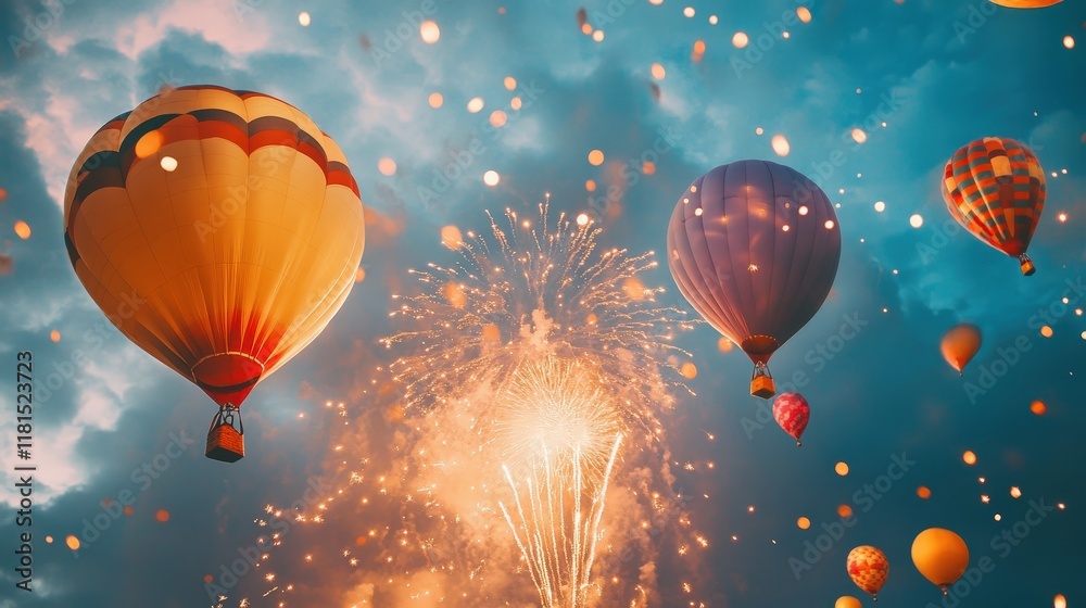Fototapeta premium Many large balloons in the sky against the backdrop of fireworks, in the evening.