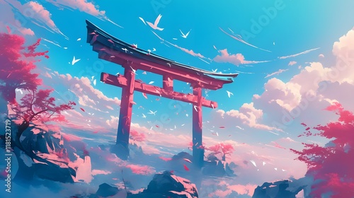 Vibrant torii gate in anime style, windswept scene with dynamic pink accents, evoking tranquility