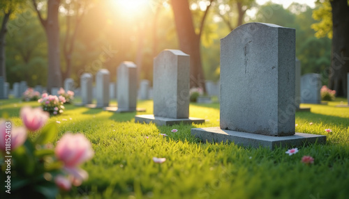 Gravestones in serene cemetery at sunset