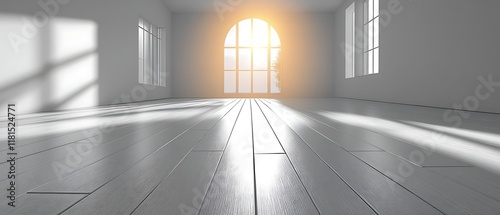 Sunlit Empty Room with Arch Window.