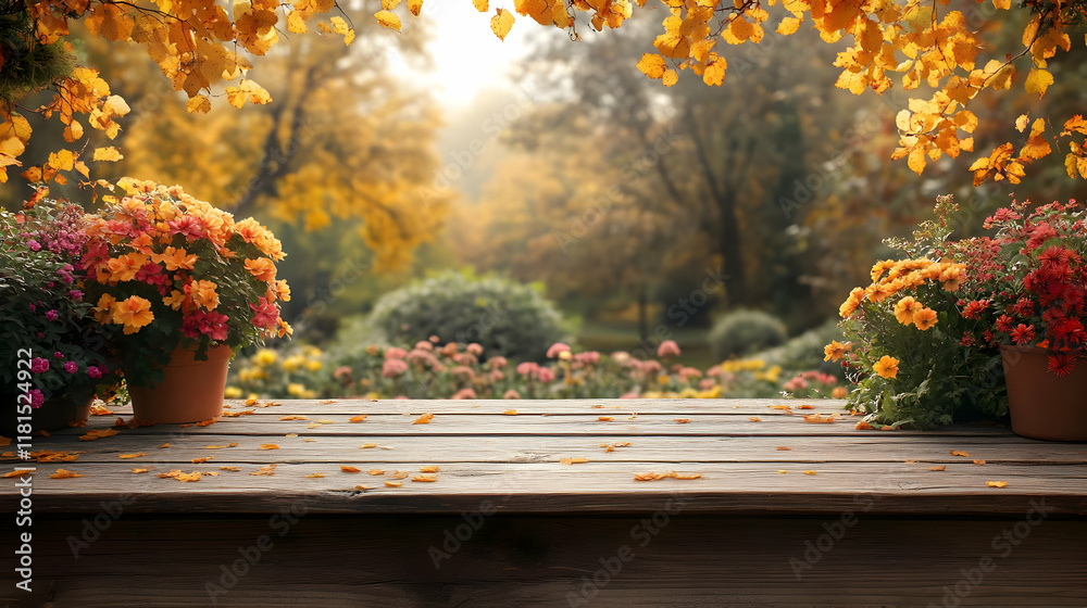 Autumn Leaves, Flowers, and Wooden Table Autumn Leaves, Flowers, and Wooden Table