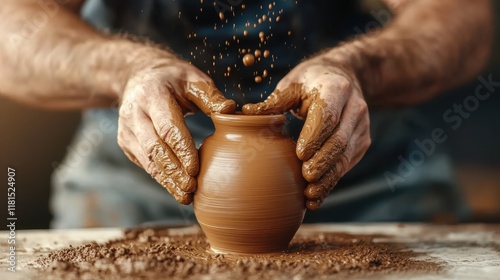 Hands skillfully shaping a clay vase on a potter's wheel in a workshop photo