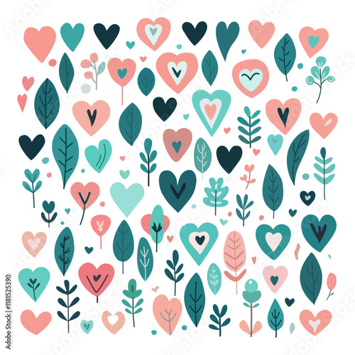 Set of hearts, leaves and flowers, love. In pastel colors