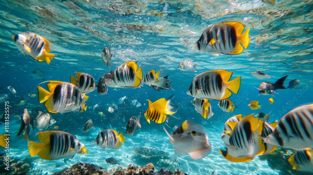 Fototapeta premium Vibrant tropical fish swimming in a clear underwater coral reef environment