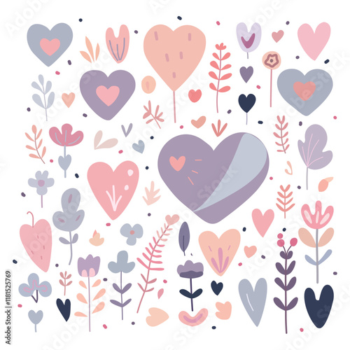 Set of hearts, leaves and flowers, love. In pastel colors
