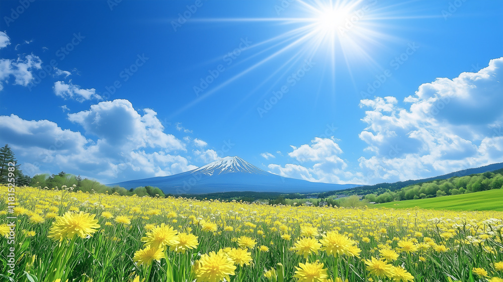 Obraz premium 春の菜の花畑と富士山が織りなす黄色と緑のコントラストの明るい風景