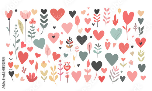 Set of hearts, leaves and flowers, love. In pastel colors