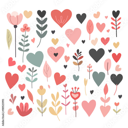 Set of hearts, leaves and flowers, love. In pastel colors