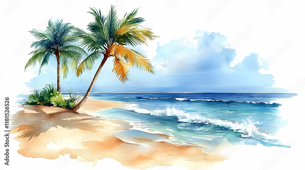 Obraz premium Tropical Beach Paradise: Palms, Ocean, Sky