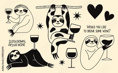 Vector illustration with sloth, wine, hearts, stars and text. Would you like to drink some wine. Black and white monochrome typography poster set. Apparel print, wall decoration