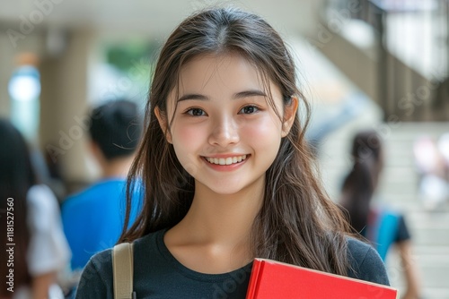 Portrait asian young girl holding textbook in her hand in university campus. Generative AI