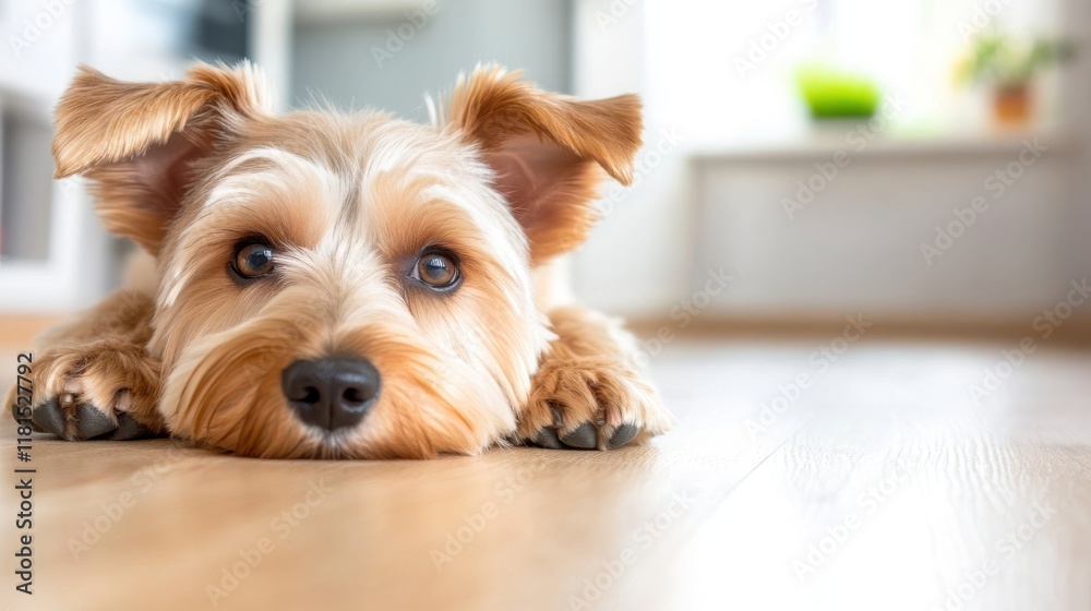 Cheerful schnauzer relaxing on a sunny floor in a cozy home Cheerful schnauzer relaxing on a sunny floor in a cozy home