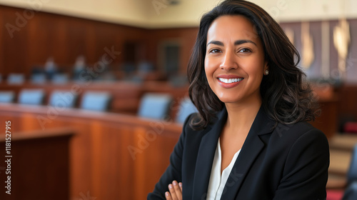 Portrait of a smiling Latin American judge with arms crossed, exuding confidence and professionalism while standing in a courtroom setting photo